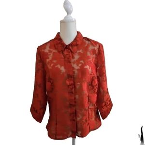 Norton Mcnaughton Red Floral Sheer Button Down Top Blouse size 16